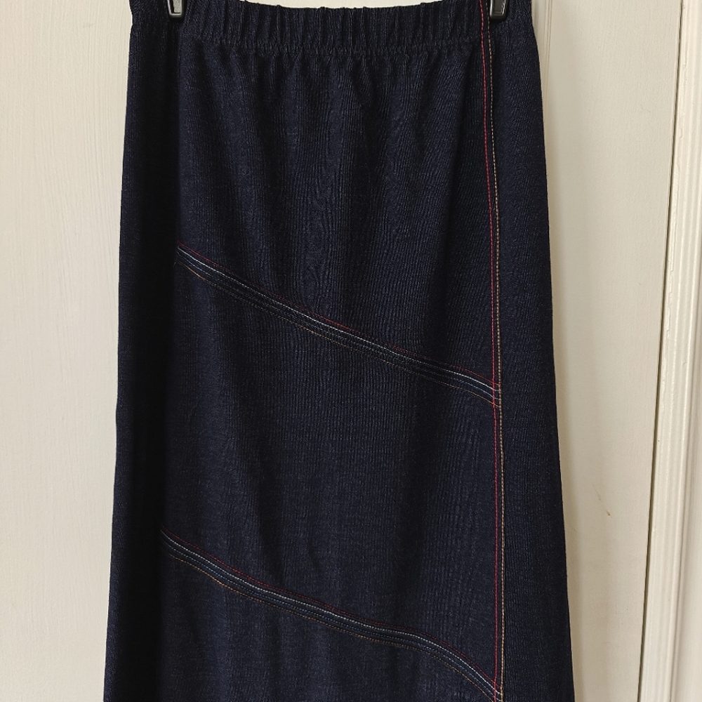 Navy Rainbow midi tube skirt with stripe thread detail - Sz Med
